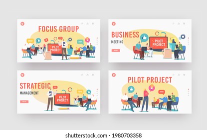 Focus Group Landing Page Template Set. Director and Employees Meeting. Tiny Businesspeople around Huge Laptop Discuss Pilot Start Up Project, Brainstorm, Conference. Cartoon People Vector Illustration