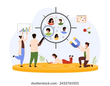 Focus group marketing research. Tiny people look through magnifying glass to search and find relevant niche, attract with magnet audience of customers inside target cartoon vector illustration