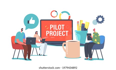 Focus Group Meeting, Discussing Pilot Start Up Project. Tiny Businesspeople around Huge Laptop Discuss and Solving Corporate Issues. Brainstorm in Conference Room. Cartoon People Vector Illustration