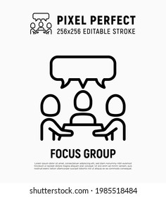 Fokus Gruppe, Sitzung, Teamwork Thin Line Symbol. Gruppe von Leuten, die am Tisch sitzen. Brainstorm. Pixel perfekt, bearbeitbarer Strich. Vektorgrafik.