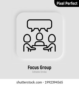 Focus group, meeting, teamwork thin line icon. Group of people sitting by the table. Brainstorm. Pixel perfect, editable stroke. Vector illustration.