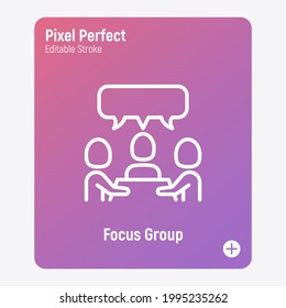 Focus group, meeting, teamwork thin line icon. Group of people sitting by the table. Brainstorm. Pixel perfect, editable stroke. Vector illustration.