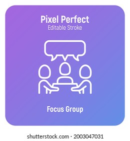 Focus group, meeting, teamwork thin line icon. Group of people sitting by the table. Brainstorm. Pixel perfect, editable stroke. Vector illustration.