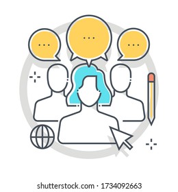 Focus group related color line vector icon, illustration. The icon is about customer discovery, people, analyst, types, employees, market research. The composition is infinitely scalable.
