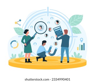 Focus group research service vector illustration. Cartoon tiny people study target audience in centric aim for business promotion and brand product advertising, search success approach for customers