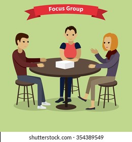 Focus Group Target Audience At Aim. Market Research, Focus, Group Discussion, Survey, Research, Focus Concept, Interview. Group Of People Sitting At The Table. Focus Group Concept. Focus Group Team