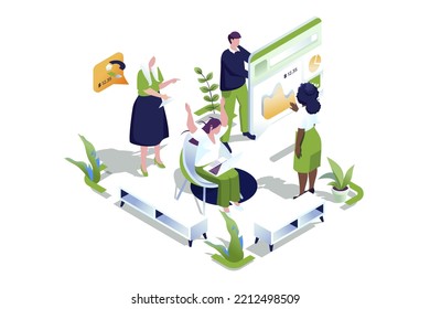 Focus group web concept in 3d isometric design. People doing consumer research, analyze data at market, working with customers feedback, meeting and brainstorming in office. Vector web illustration.