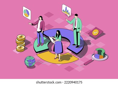 Focus group web concept in 3d isometric design. Man and woman make opinions of audience, analyzing data in diagrams and optimize business process. Vector web illustration with people isometry scene