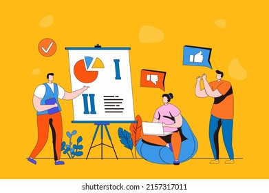 Focus group web concept in flat 2d design. Men and women do marketing research, analyze customer data, study customer behavior and develop promotion strategy. Vector illustration with people scene