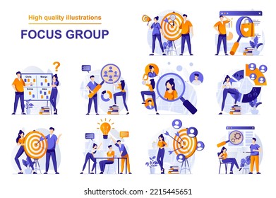 Focus group web concept with people scenes set in flat style. Bundle of market research of audience, aim at group, analyzing data and customer behavior. Vector illustration with character design