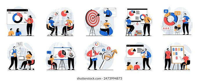 Focus group web concept with people scenes mega set in flat design. Bundle of character situations with marketing research, study customer behavior, doing communication strategy. Vector illustrations.