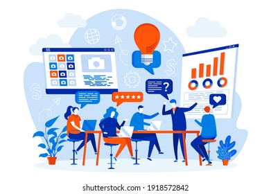 Focus group web design concept with people. Business people meeting scene. Collective discussion and feedback composition in flat style. Vector illustration for social media promotional materials.