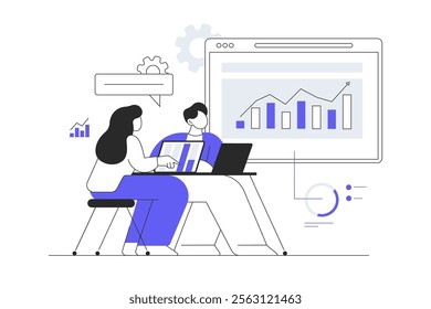 Focus groups Business team discussing and finding new ideas Analysis instruments. Analytic data on dashboard with graphs and charts. Flat Cartoon Vector Illustration, icon. Stylish abstract Blue 