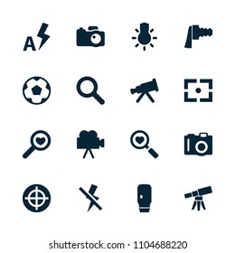 Focus icon. collection of 16 focus filled icons such as camera, telescope, heart search, search, camera zoom, no flash, auto flash. editable focus icons for web and mobile.