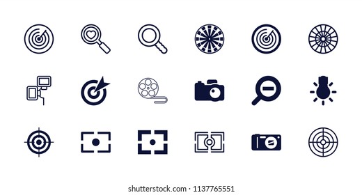 Focus icon. collection of 18 focus filled and outline icons such as target, camera, zoom out, dart, heart search, search. editable focus icons for web and mobile.