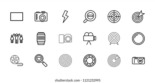 Focus icon. collection of 18 focus outline icons such as camera, target, heart search, camera shutter, camera lense, burst, flash. editable focus icons for web and mobile.