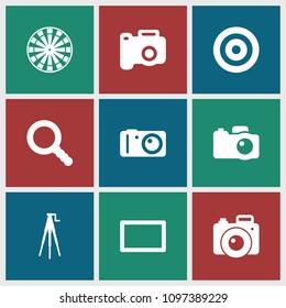 Focus icon. collection of 9 focus filled icons such as camera, search, camera tripod, burst, target. editable focus icons for web and mobile.