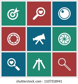 Focus icon. collection of 9 focus filled icons such as target, telescope, heart search, camera shutter, camera tripod, camera lense. editable focus icons for web and mobile.
