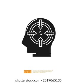 Focus icon, outline head with arrows directed to center, target, goal, aim, concentration, motivation concept vector illustration.