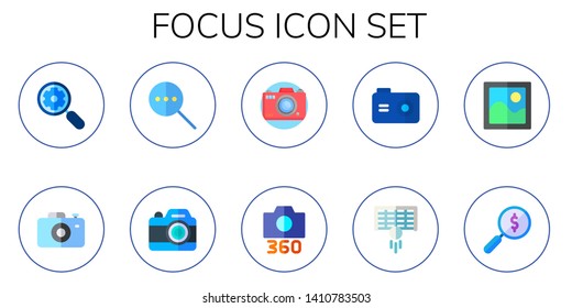 focus icon set. 10 flat focus icons.  Collection Of - search, camera, loupe, photo camera, goal, photo