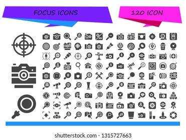 focus icon set. 120 filled focus icons.  Simple modern icons about  - Target, Loupe, Photo camera, Magnifying glass, Search, Camera, Zoom, Zoom out, Dartboard, Dart, Webcam, Research