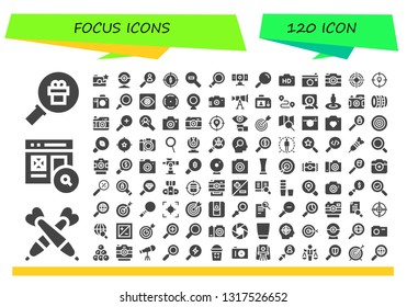 focus icon set. 120 filled focus icons.  Collection Of - Magnifying glass, Darts, Search, Photo camera, Webcam, Target, Zoom out, Camera, Loupe, Capture, Focus, Telescope, Track