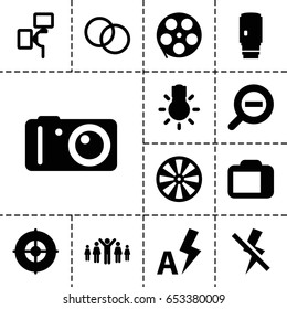 Focus icon. set of 13 filled focusicons such as camera, camera lense, no flash, auto flash, zoom out, target, group of people and man celebrating victory, movie tape