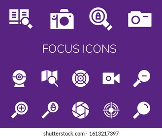 focus icon set. 14 filled focus icons.  Simple modern icons such as: Search, Camera, Web cam, Shutter, Dart, Target, Zoom out