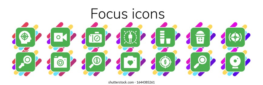 focus icon set. 14 filled focus icons. Included Target, Magnifying glass, Camera, Photo camera, Search, Glass, Zoom, Webcam icons