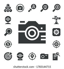 focus icon set. 17 filled focus icons. Included Round shot, Webcam, Search, Camera, Target, Telescope, Photos, Web cam icons