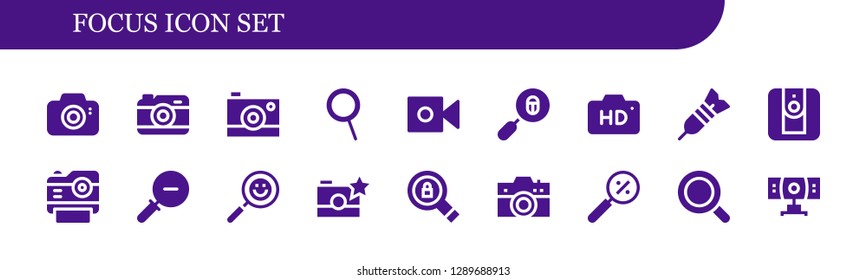  focus icon set. 18 filled focus icons. Simple modern icons about  - Photo camera, Camera, Zoom, Loupe, Dart, Zoom out, Search, Magnifying glass, Webcam