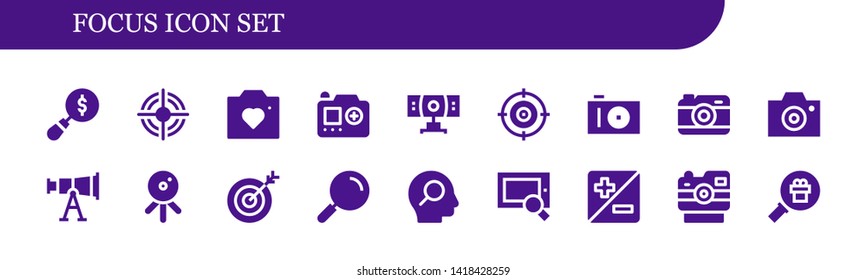 focus icon set. 18 filled focus icons.  Simple modern icons about  - Magnifying glass, Target, Camera, Webcam, Photo camera, Telescope, Web cam, Search, Zoom