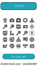 conjunto de iconos de enfoque. 25 iconos de enfoque rellenos.  Iconos modernos sencillos, como: Cámara web, cámara fotográfica, objetivo, zoom, cristal de aumento, cristal, búsqueda, disparo redondo, dibujo