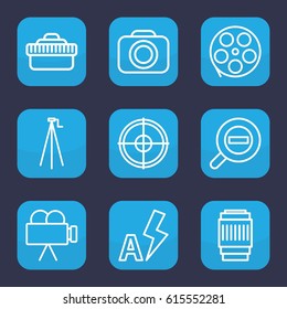 Focus icon. set of 9 outline focus icons such as camera, camera tripod, camera lense, auto flash, zoom out, movie tape