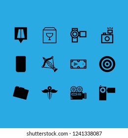 focus icon set about road location, crossbow, billiard and photo camera vector set