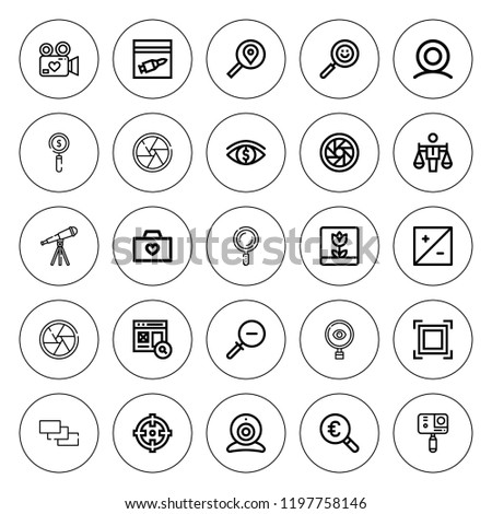 Focus icon set. collection of 25 outline focus icons with aperture, burst photo, camera, evidence, exposure, focus, investigation, magnifying glass icons. editable icons.