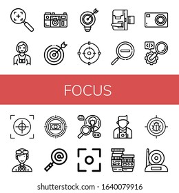 focus icon set. Collection of Target, Photographer, Camera, Focus, Home movie camera, Zoom out, Compact camera, Search, Crosshair, Lens icons