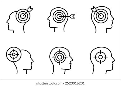 Focus icon set, outline head with arrows directed to center, target, goal, aim, vector illustration on white background