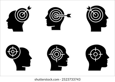 Focus icon set, outline head with arrows directed to center, target, goal, aim, vector illustration on white background