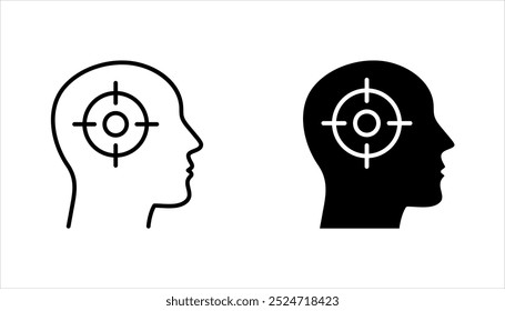 Focus icon set, outline head with arrows directed to center, target, goal, aim, vector illustration on white background