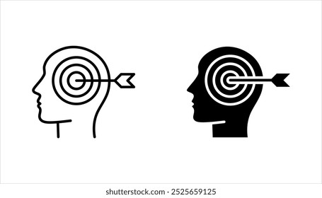 Foco ícone definir, contorno cabeça com setas direcionadas para o centro, alvo, objetivo, mira, vetor ilustração no fundo branco