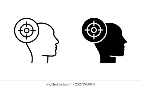 Focus icon set, outline head with arrows directed to center, target, goal, aim, vector illustration on white background