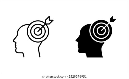 Focus icon set, outline head with arrows directed to center, target, goal, aim, vector illustration on white background