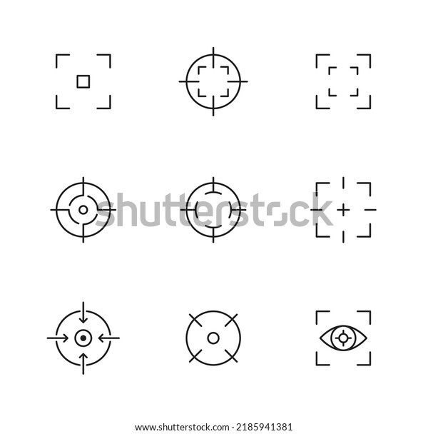 Focus icons, camera frame or photo viewfinder\
screen, target aim vector line symbols. Focus icons of photo or\
video camera lens with eye point, picture shutter focus with\
viewfinder frame grid