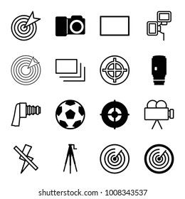 Focus icons. set of 16 editable filled and outline focus icons such as movie tape, camera tripod, camera lense, target, burst