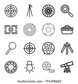 Focus icons. set of 16 editable outline focus icons such as movie tape, dart, heart search, magnifier, camera shutter, camera tripod, target