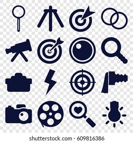 Focus icons set. set of 16 focus filled icons such as heart search, magnifier, search, camera, camera zoom, flash, target, movie tape