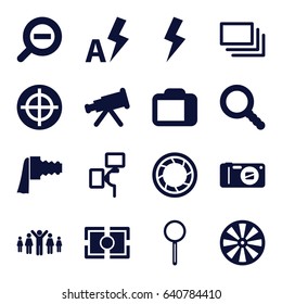 Focus icons set. set of 16 focus filled icons such as magnifier, search, camera, camera zoom, burst, flash, auto flash, zoom out, group of people and man celebrating victory
