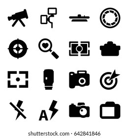 Focus icons set. set of 16 focus filled icons such as heart search, camera, camera shutter, no flash, auto flash, target
