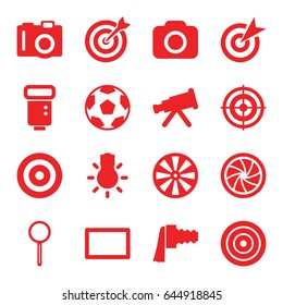 Focus icons set. set of 16 focus filled icons such as camera, magnifier, camera zoom, burst, target, movie tape, dart